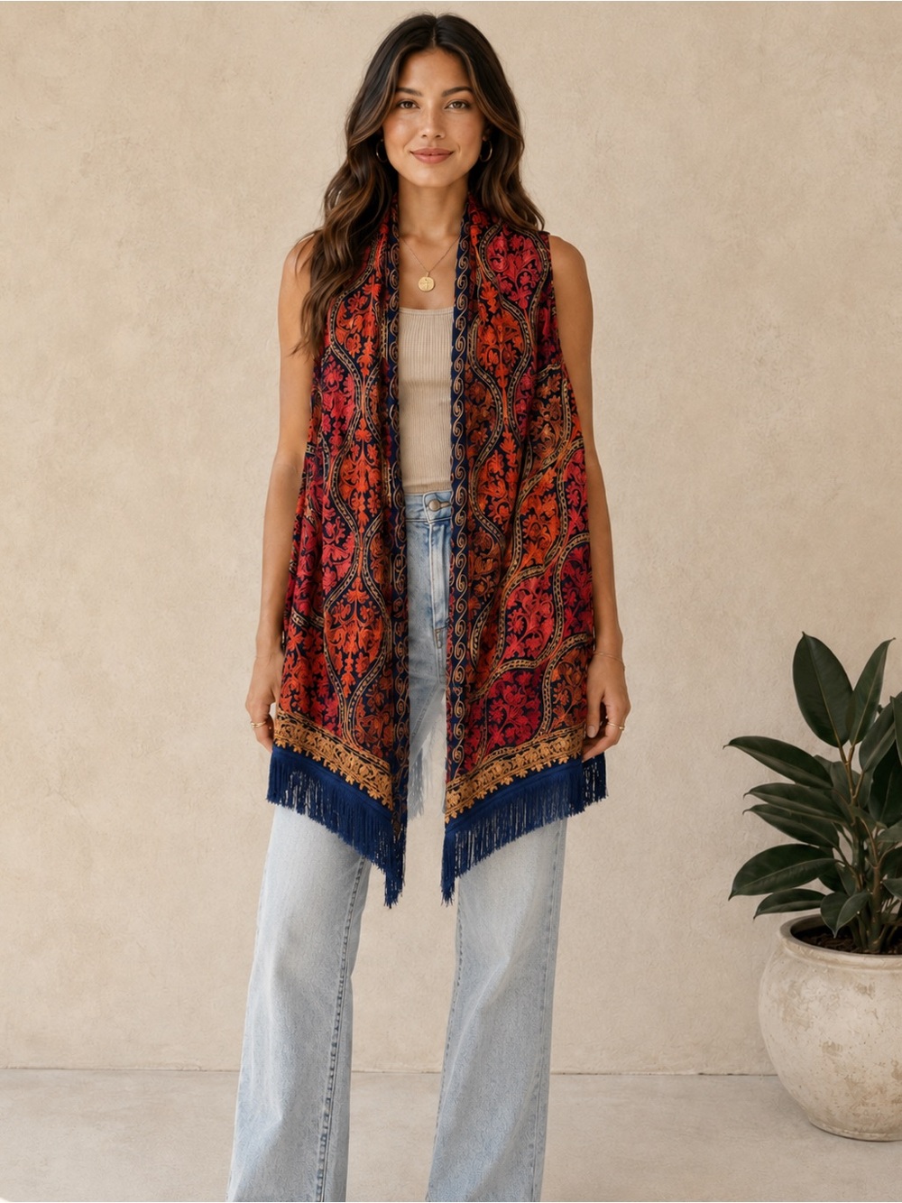 Sumitra Embroidered Boho Fringe Vest Kimono Free Size Paisley Festival Layer NWT
